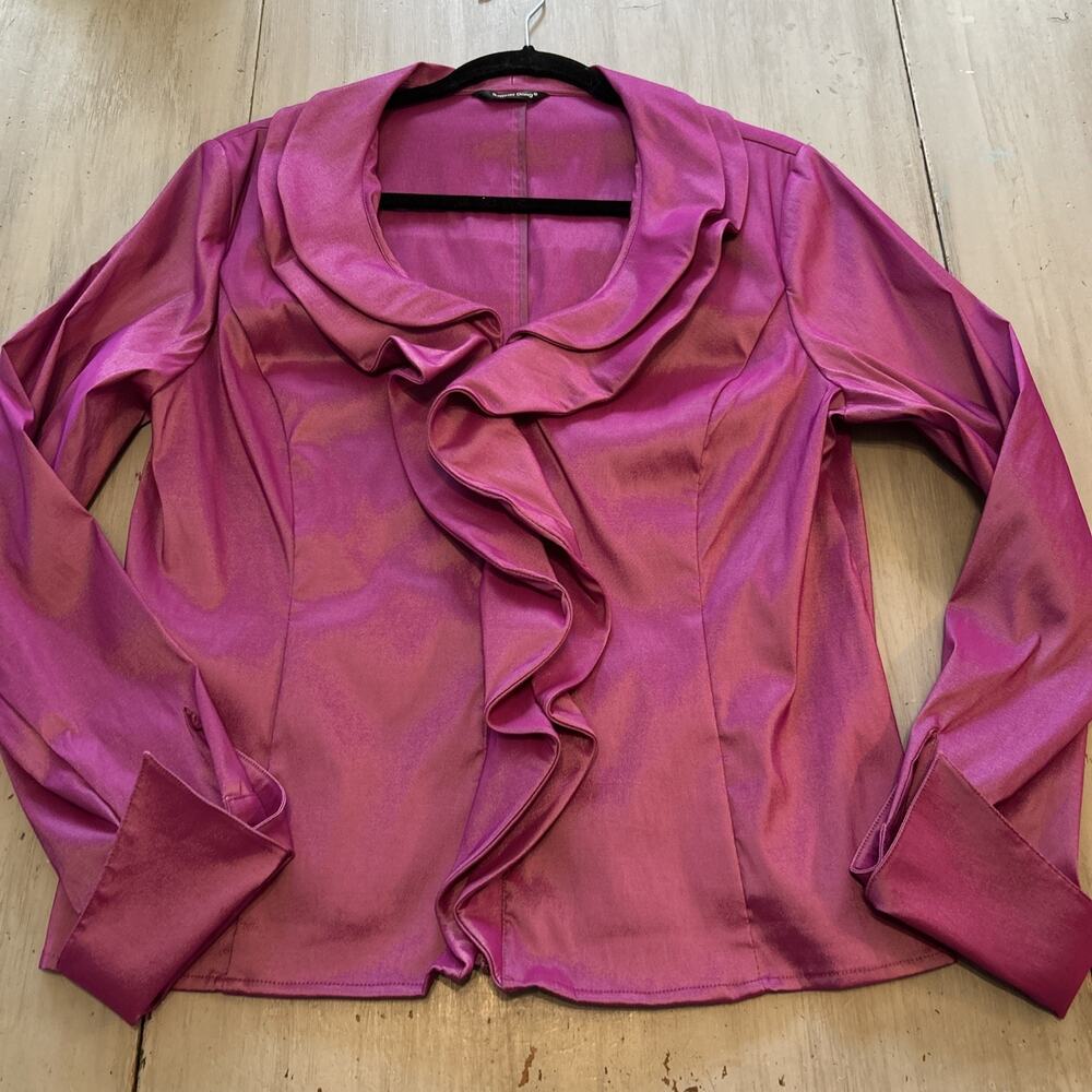 Samuel Dong Purple Orchid Ruffle Zip Front Blouse Victorian Sz L